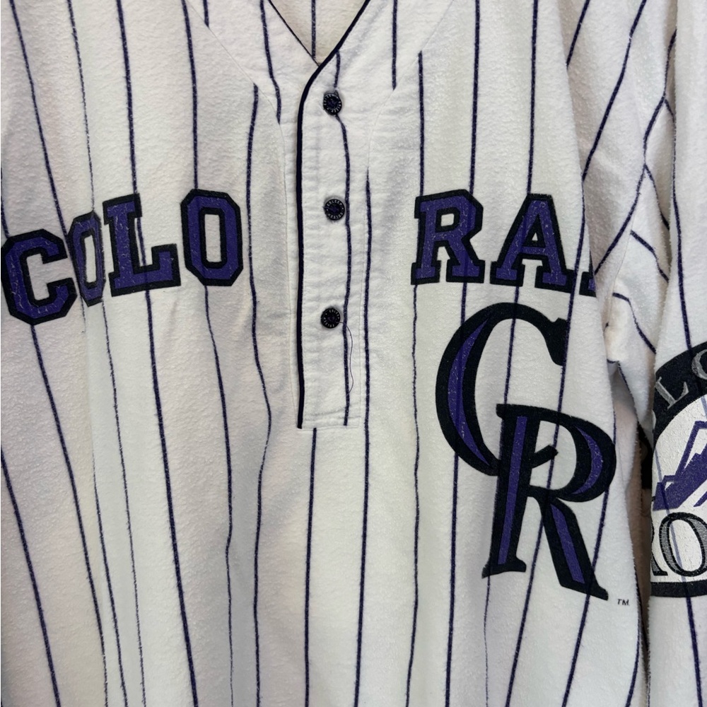 Vintage 90s White Purple Pin Stripe Colorado Rockies Flannel Pajamas ESleep XL - Picture 8 of 12